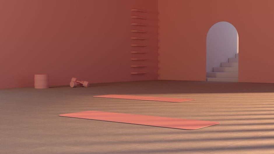 A clean minimalist home gym corner with dumbbells, a yoga mat, and resistance bands